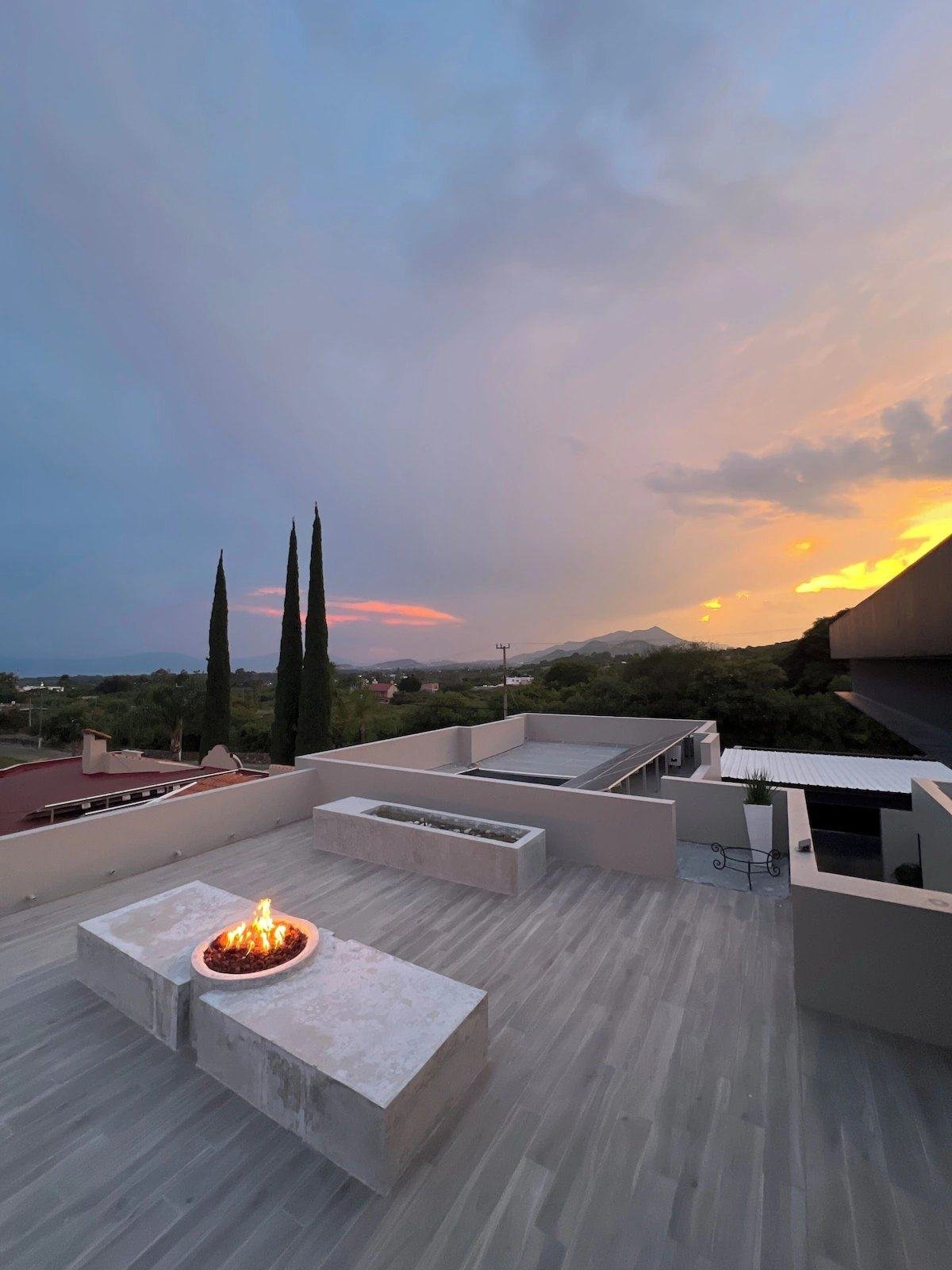 Roof terrace at dusk